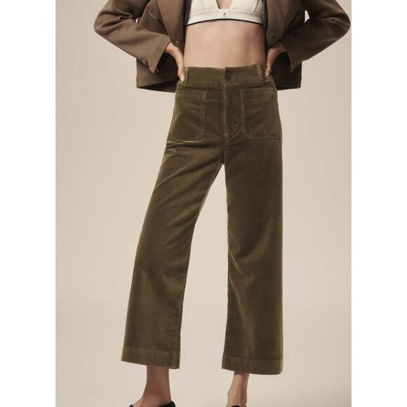 Anthropologie x Maeve The Colette Cropped Wide-Leg Corduroy Pants Moss Size 32 - Picture 2 of 9